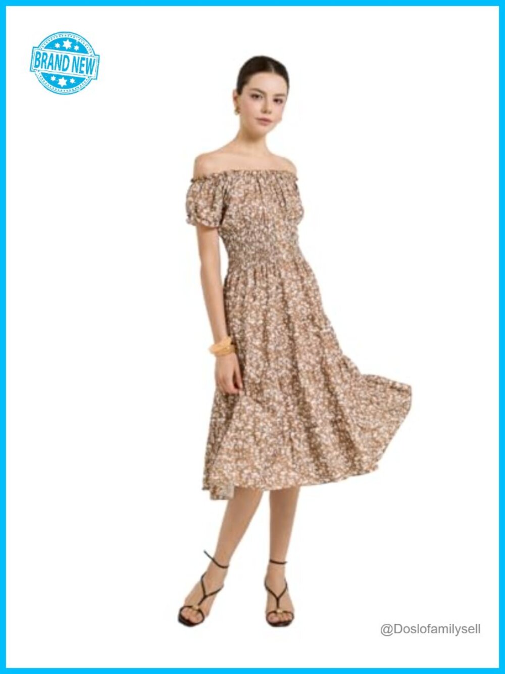 Floral Off-Shoulder Puff Sleeve Fit & Flare Midi Dress Women Casual